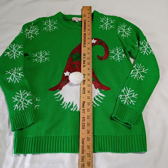 Ugly Christmas Sweater Gnome Medium Sequined Green Snowflakes PomPom Nose - Picture 9 of 12